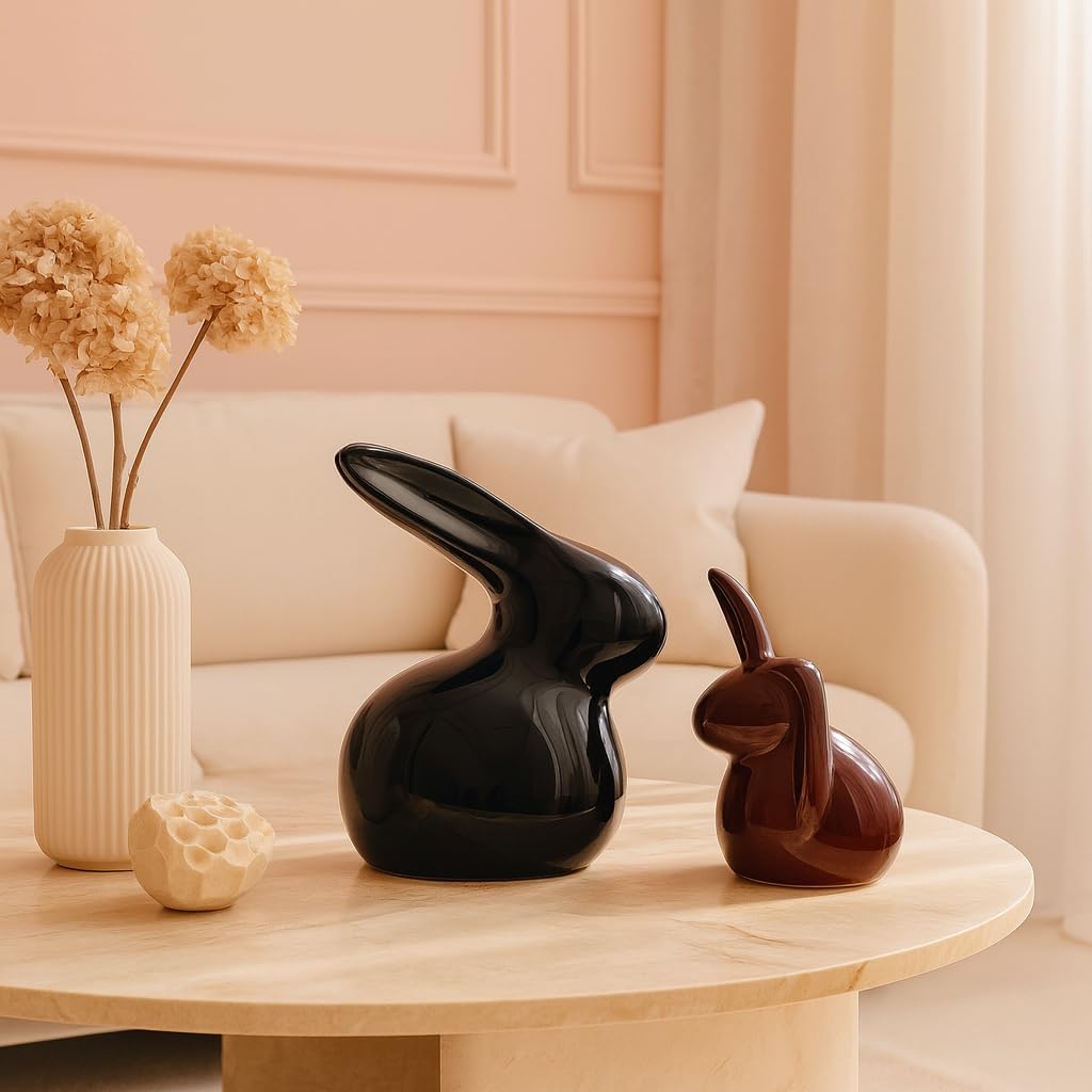 Home Décor Ceramic Rabbit Figurines (Set of 2, Black and Brown)