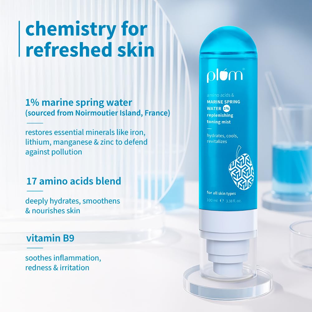 Plum 1% Marine Spring Water Replenishing Toning Mist Spray with Amino Acids | Hydrates, Cools & Revitalizes | with Active Minerals | On-the-go Soothing Face Mist | Face Toner for Women & Men | Suits All Skin Types | 100ml
