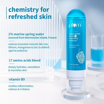 Plum 1% Marine Spring Water Replenishing Toning Mist Spray with Amino Acids | Hydrates, Cools & Revitalizes | with Active Minerals | On-the-go Soothing Face Mist | Face Toner for Women & Men | Suits All Skin Types | 100ml