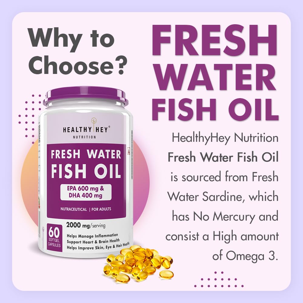 Fish oil supplement bottle with text on a light purple background