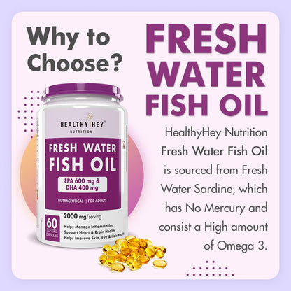 Fish oil supplement bottle with text on a light purple background
