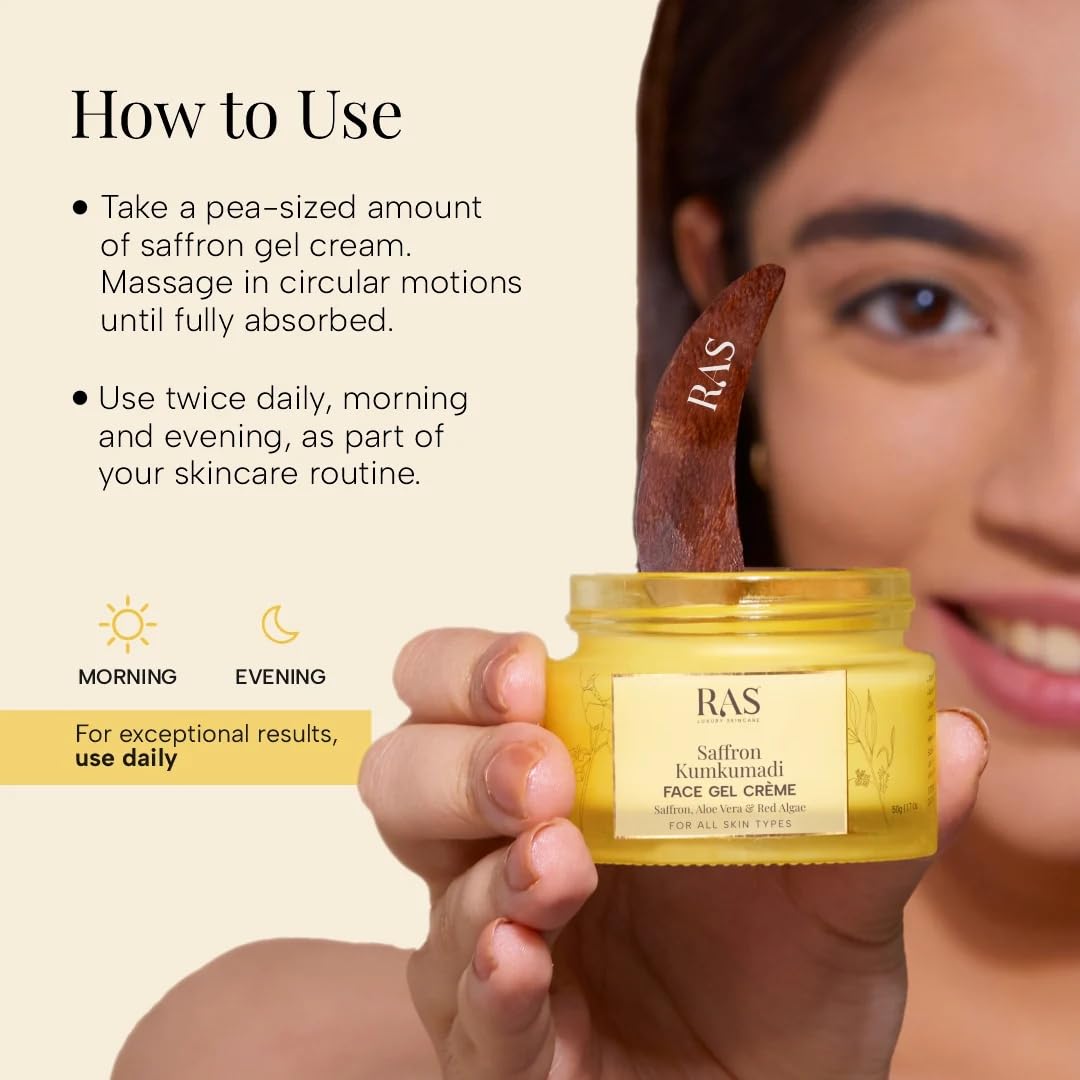 Ras Luxury Oils Saffron Kumkumadi Face Gel Creme with Aloe Vera & Red Algae | Enhances Natural Radiance | Brightening Moisturizing Cream | Light weight & Non-greasy Moisturizer For All Skin Type, 50gm