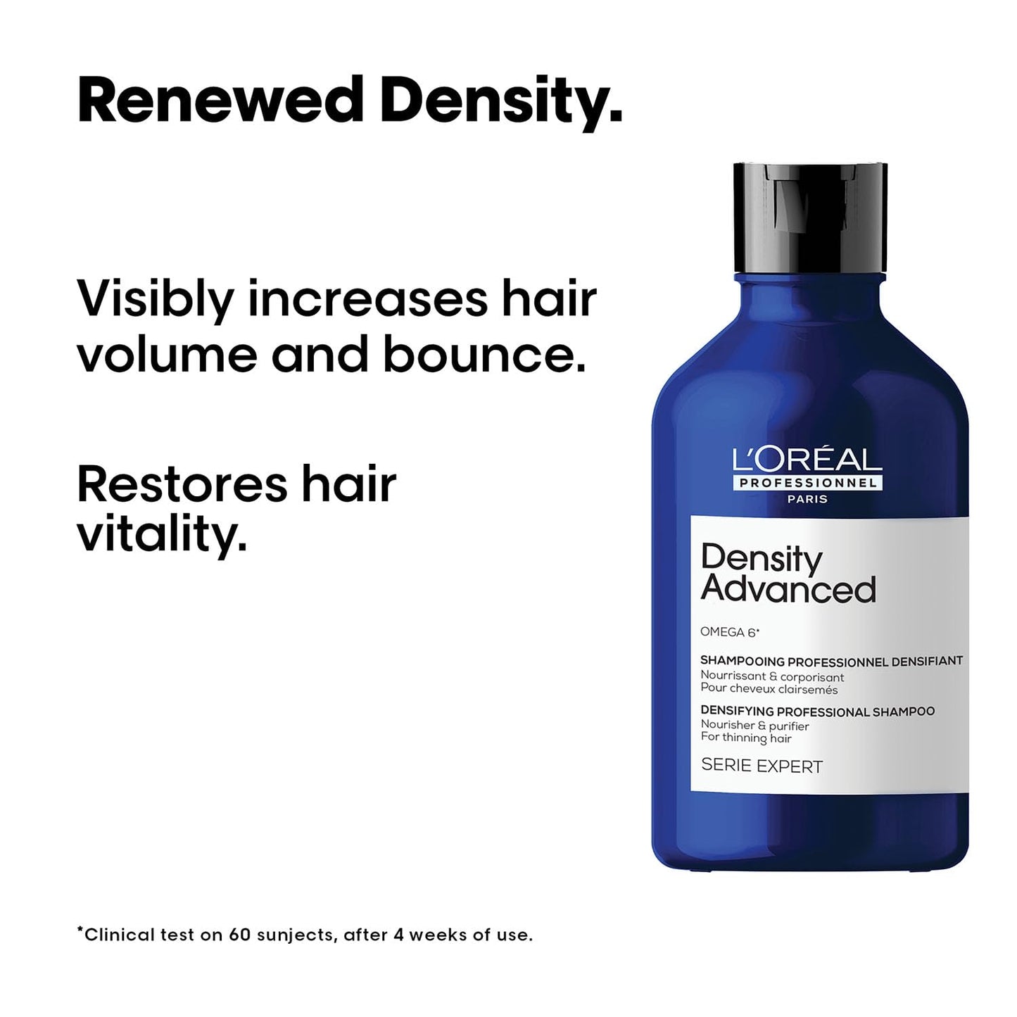 L'Oreal Density Advanced shampoo bottle with text on a white background