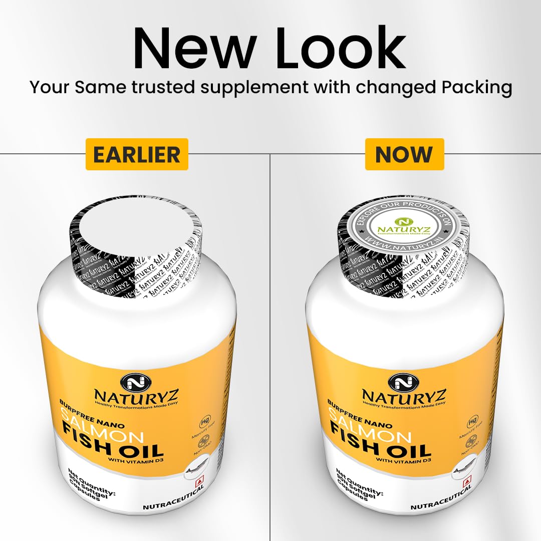 Comparison of NaturaZy Fish Oil supplement packaging, showing 'Earlier' and 'Now' versions.