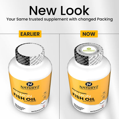 Comparison of NaturaZy Fish Oil supplement packaging, showing 'Earlier' and 'Now' versions.