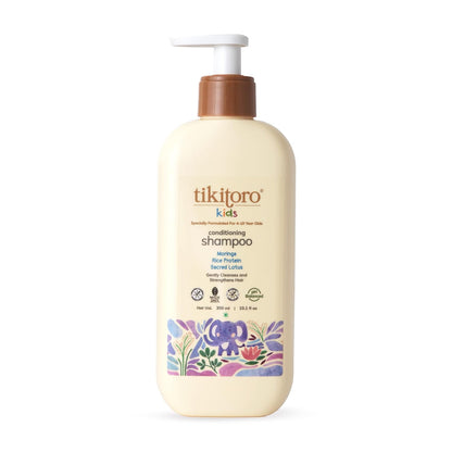 Tikitoro Kids Conditioning Shampoo for 4-10 years | pH 5.5 & Allergen-Free | Moringa, Rice Protein, Sacred Lotus Extract | No Parabens or Sulfates | 100% Vegan (300ml x 1)