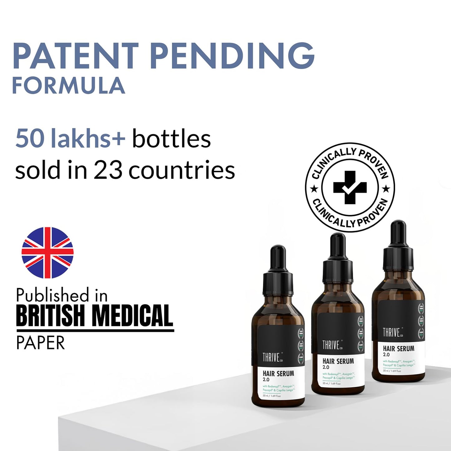 Hair serum bottles with certification logos and text on a white background