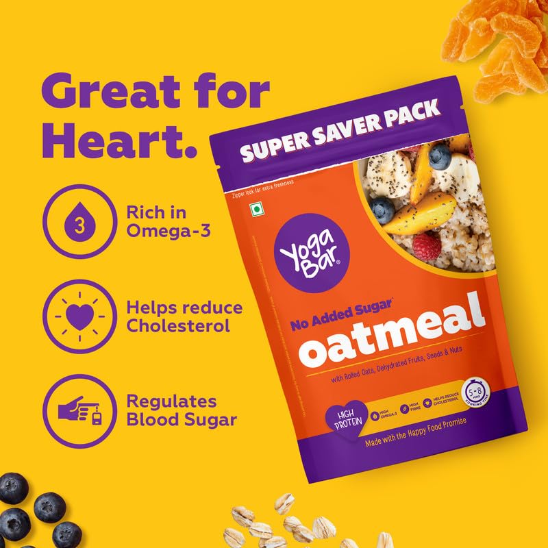 Yogabar No Added Sugar Oatmeal 1kg Pouch - with Alphonso Mango, Chia Seeds and Real Fruits & Berries - Whole Breakfast Oatmeal Cereal - Overnight Oats - with Rolled Oats