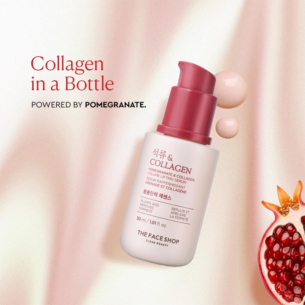 Skincare bottle with pomegranate illustration on a soft pink background