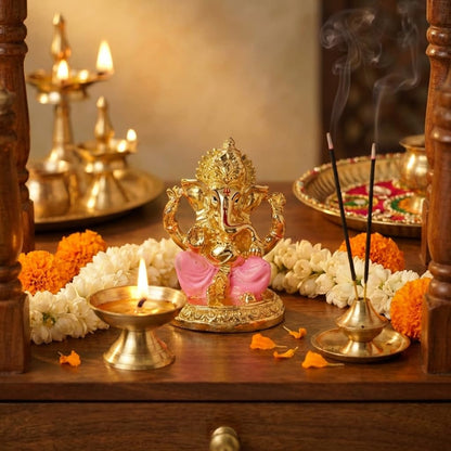 Gold Plated Ganesh Idol | Ganpati Murti for Car Dashboard, Office Desk, Hindu God Gift & Home Decor - Resin (Gold & Pink)