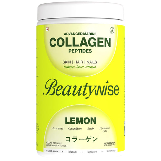 Beautywise Advanced Hydrolyzed Japanese Marine Collagen with Glutathione | For Radiance, Hydration, Youthful Skin | Fast-Absorbing 200gm, Clinically Proven | Skin, Hair & Nails | Lemon (25 Servings)