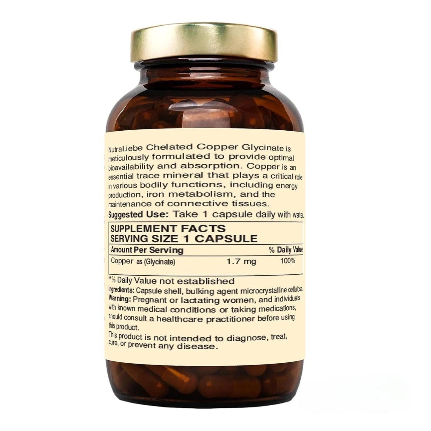 Nutraliebe Copper Glycinate Chelate - High Bioavailability, Supports Collagen Formation and Connective Tissue Health, 90 Capsules