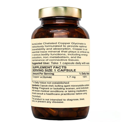 Nutraliebe Copper Glycinate Chelate - High Bioavailability, Supports Collagen Formation and Connective Tissue Health, 90 Capsules