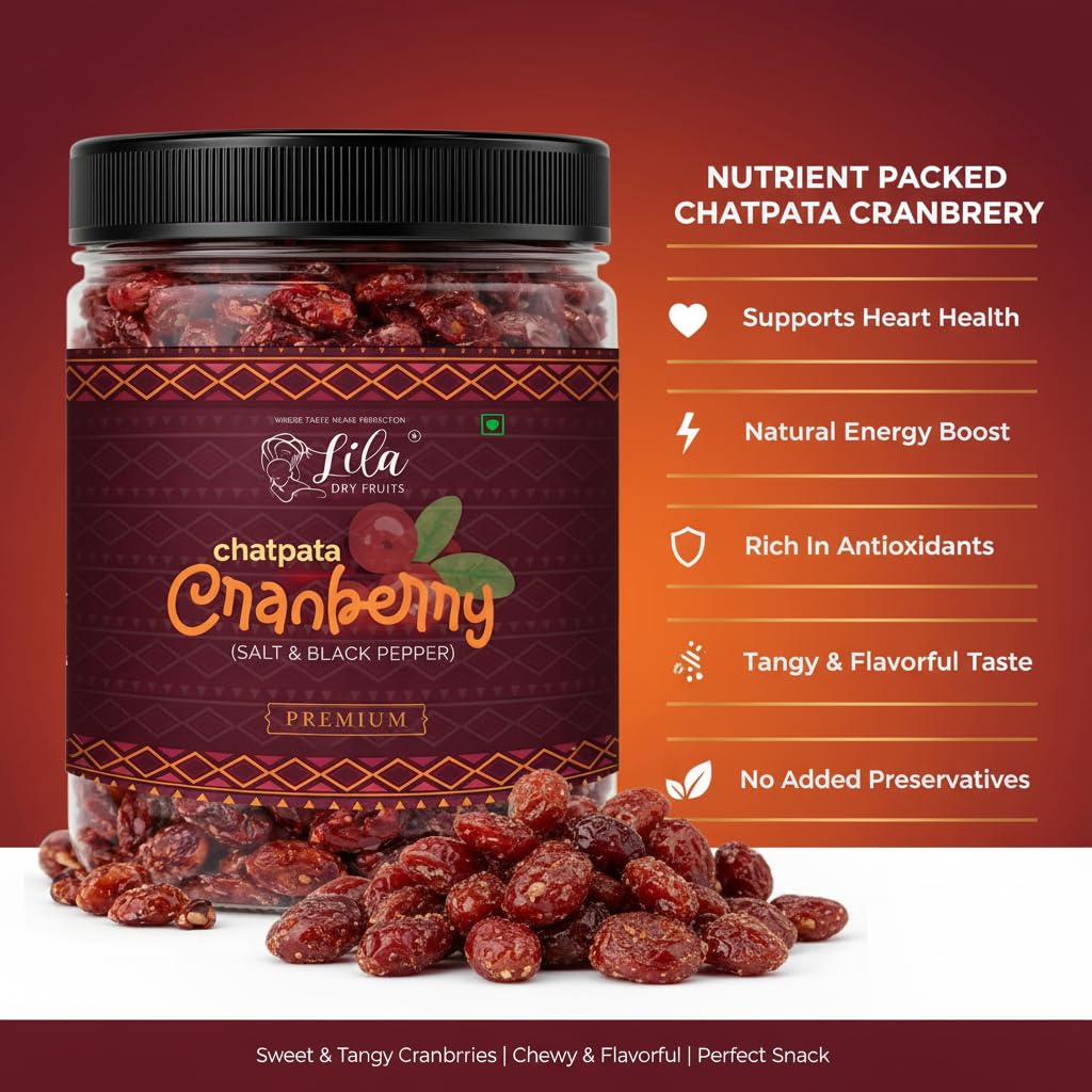 LILA DRY FRUITS Flavoured Cranberries with Black Pepper & Pink Salt | Dried Cranberry Snack Tangy Spicy Cran Berries for Healthy Snacking & Munching Perfect for Gifting