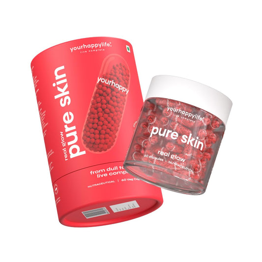 YourHappyLife pure skin supplement container with red packaging and visible text on a white background