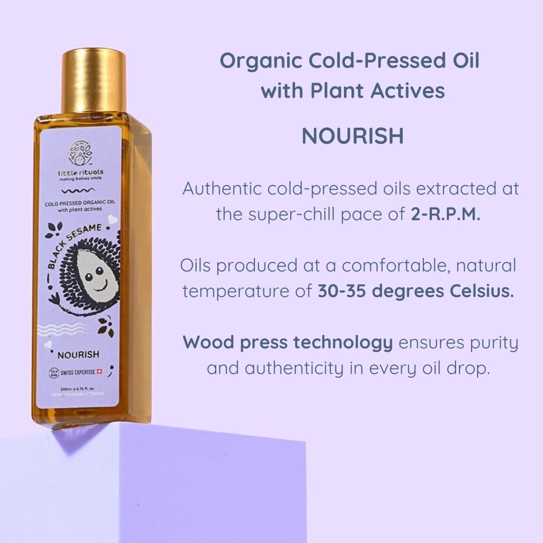 Little Rituals BLACK SESAME Baby Massage Oil and Hair oil, Cold Pressed and Certified ORGANIC with SWISS Plant Actives. Dermatologist Tested by Pediatrics, Mild & Gentle & Safe (100 ML)