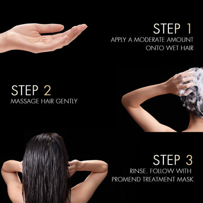 Step-by-step guide on applying a hair treatment product with text instructions.