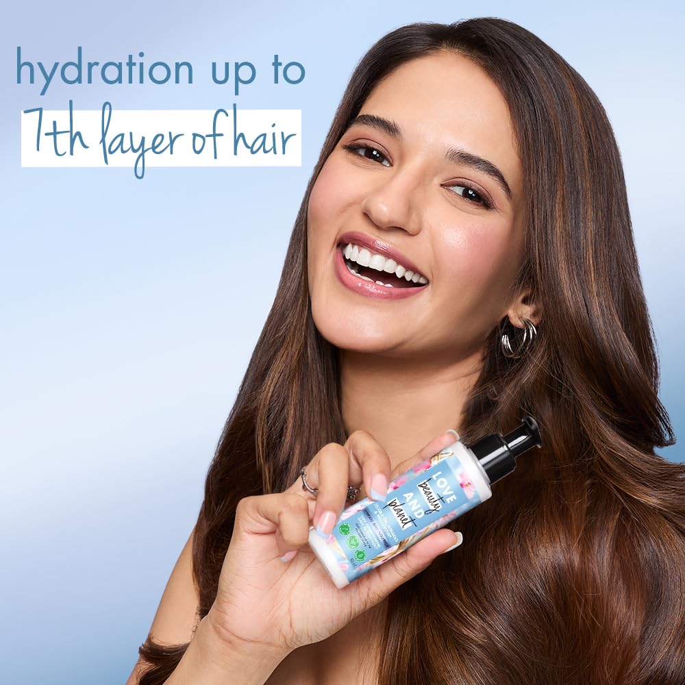 Woman holding a hair care product with text about hair hydration on a light blue background