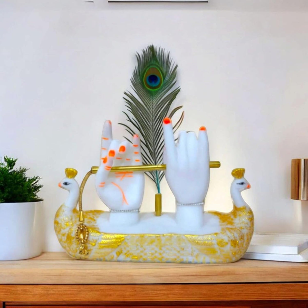Krishna Hands with Flute Idol, Divine Hand Statue with Peacock Feather, White and Gold Decorative Figurine