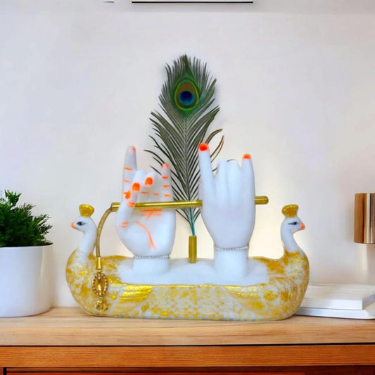 Krishna Hands with Flute Idol, Divine Hand Statue with Peacock Feather, White and Gold Decorative Figurine