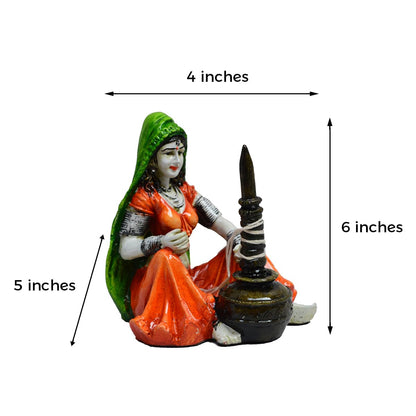 Rajasthani Lady Using Makhan Handi Polyresin Statue (10 cm x 12.5 cm x 15 cm)