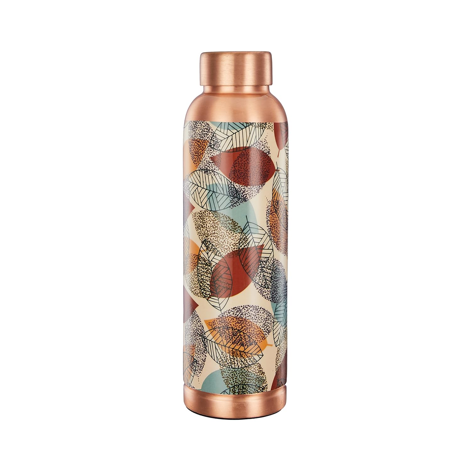 Copper-colored water bottle with leaf pattern on a white background