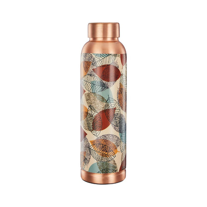 Copper-colored water bottle with leaf pattern on a white background