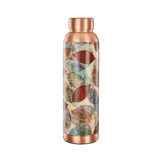 Copper-colored water bottle with leaf pattern on a white background