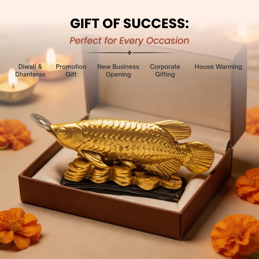 Plus Value Feng Shui Golden Arowana Fish Statue Showpiece with Coin in Mouth Wealth Symbol, Protects Mishaps, Troubles Vastu Products Home & Office Decor Decoration Gifting (Fiber)