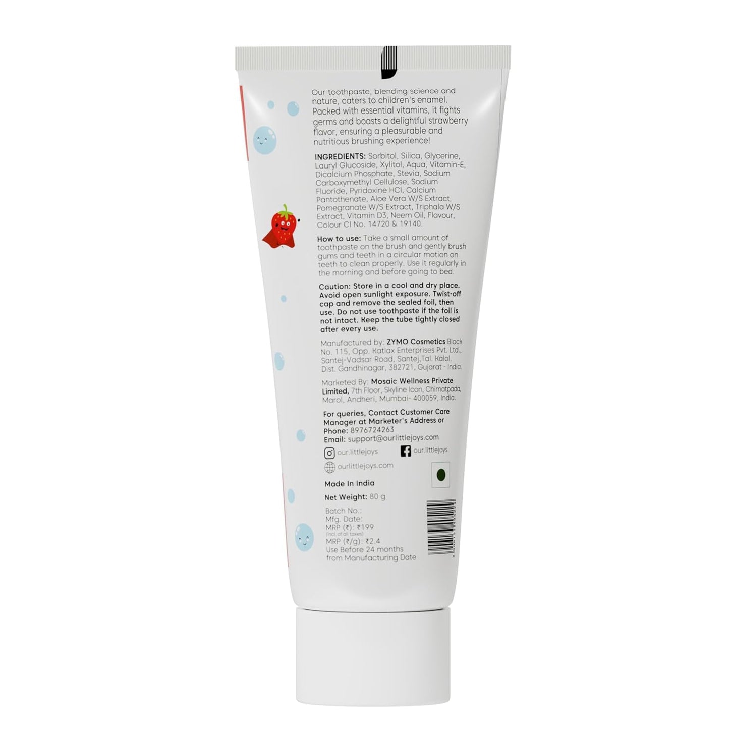 Little Joys Multivitamin Cavity Protection Toothpaste 80G|For 5+ Years Kids|Strawberry Flavour|With Vitamin A, D3 & E|Fights Germs & Cavity