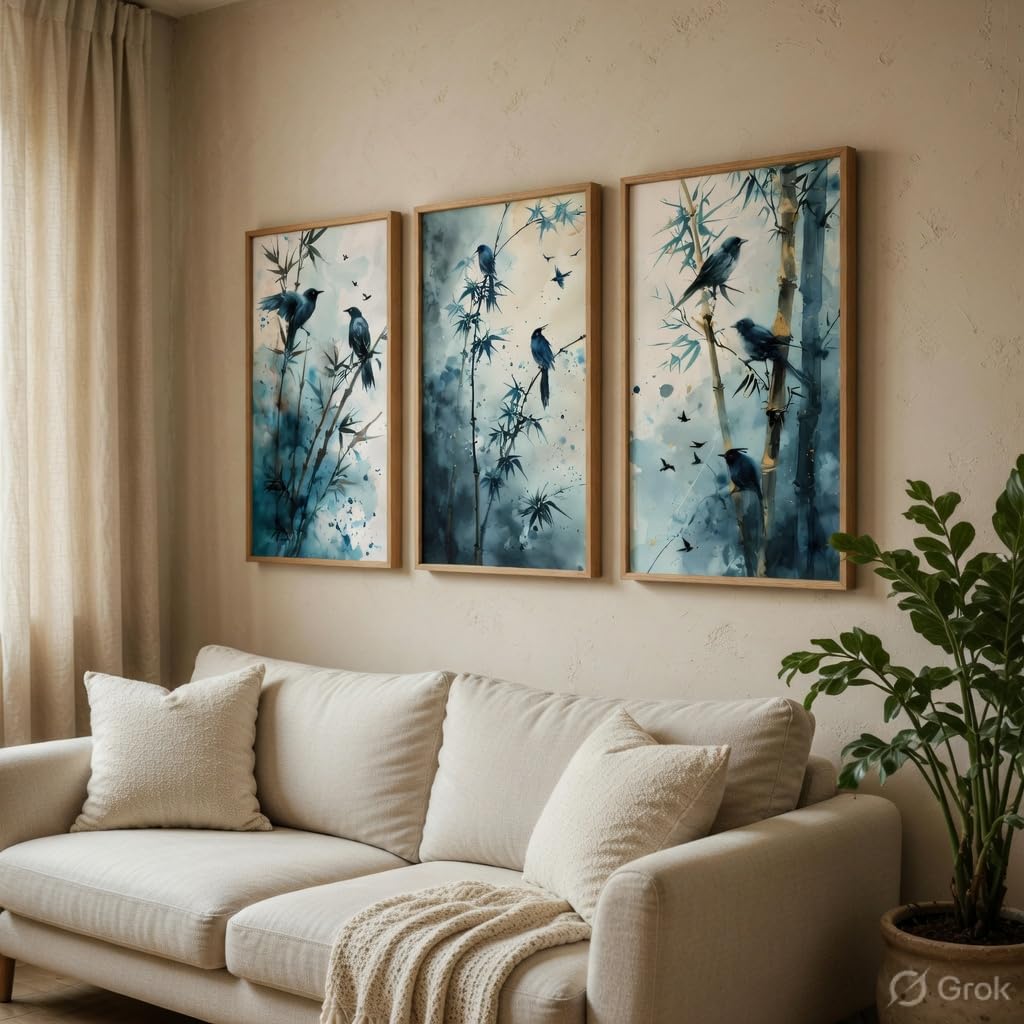 Bamboo Bird Wall Art Set of 3 | Wooden Frame MDF Nature Decor