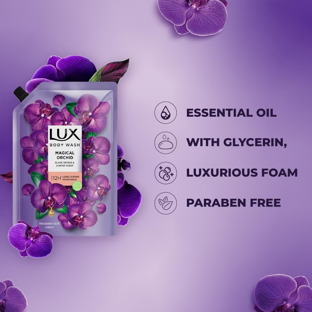 LUX, Black Orchid & Juniper Oil Bodywash, Refill Pack, 400 ml, for Soft and Glowing Skin, with Glycerin, Long Lasting Fragrance, Paraben Free, for Women