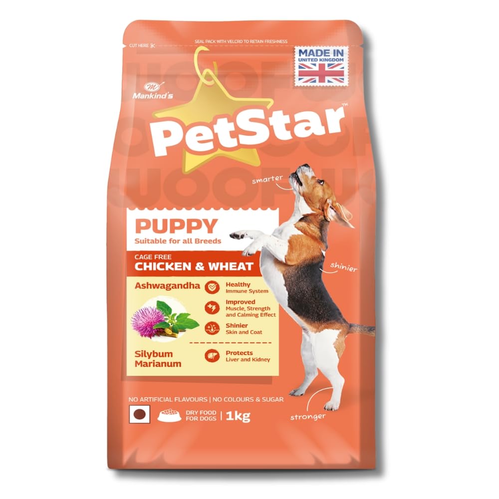 PETSTAR Mankind Puppy Dry Dog Food (High Protein) Chicken & Wheat Flavor, 1kg | Improves Muscle & Strength, Supports Immunity, Protects Liver & Kidney | Puppy Dog Food