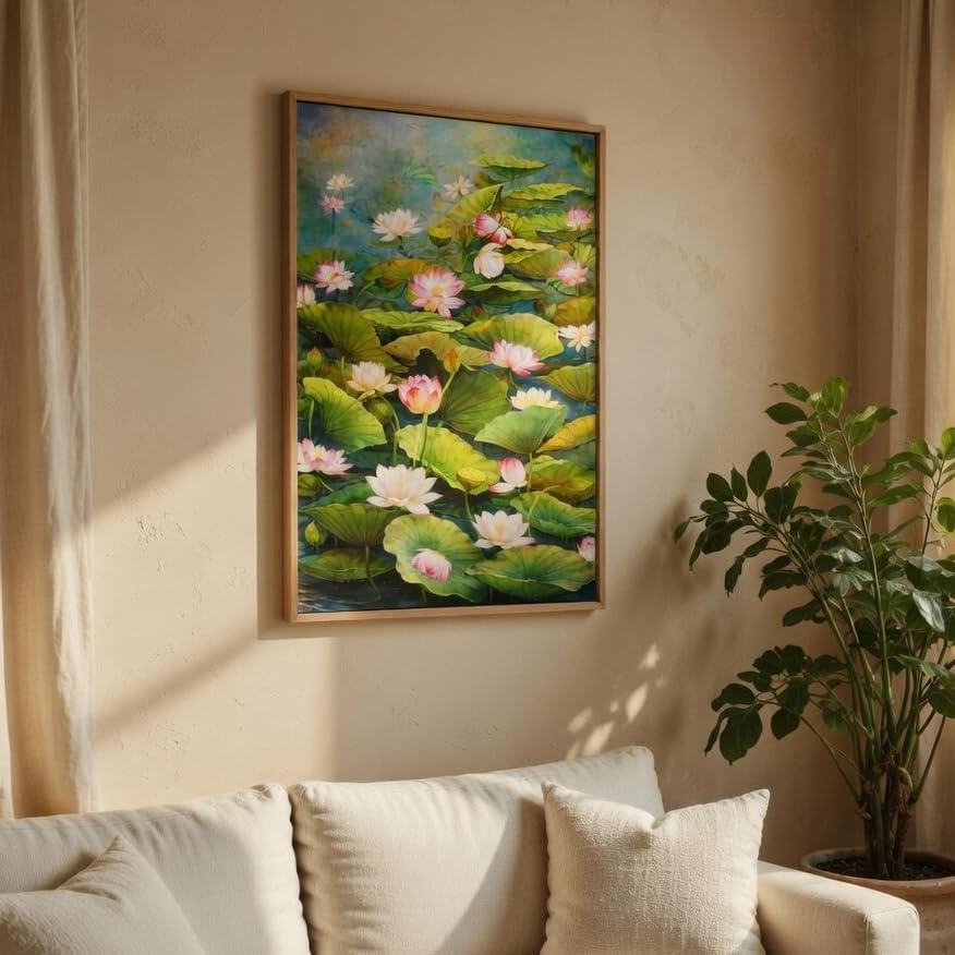 Lotus Pond Wall Painting with Wooden Frame | Elegant Lotus Flower Nature Artwork HD UV Laminated MDF Wall Decor | Floral Water Garden Wall Art for Living Room Bedroom