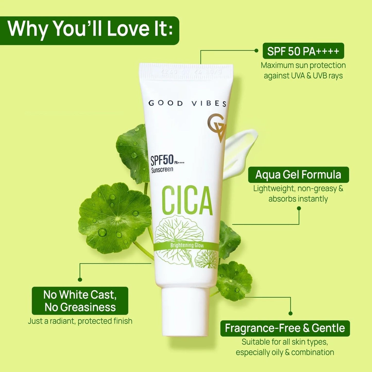 Good Vibes CICA Brightening Glow Sunscreen SPF 50 PA++++|Cica Extract, 3% Niacinamide, & Hyaluronic Acid|Brightening Sunscreen|Lightweight Aqua Gel|Non-Greasy|No White Cast|Fragrance-Free|Suitable for All Skin Types|Suitable for Oily Skin - 50 gm