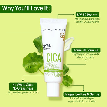 Good Vibes CICA Brightening Glow Sunscreen SPF 50 PA++++|Cica Extract, 3% Niacinamide, & Hyaluronic Acid|Brightening Sunscreen|Lightweight Aqua Gel|Non-Greasy|No White Cast|Fragrance-Free|Suitable for All Skin Types|Suitable for Oily Skin - 50 gm