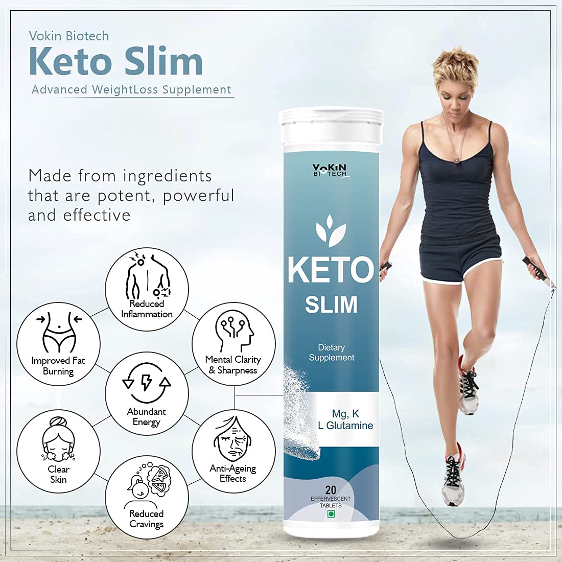 Keto Slim supplement bottle with a woman exercising on a beach, featuring product benefits.