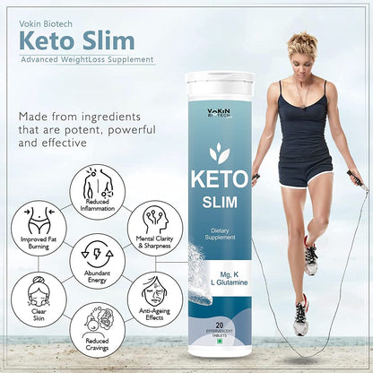 Keto Slim supplement bottle with a woman exercising on a beach, featuring product benefits.
