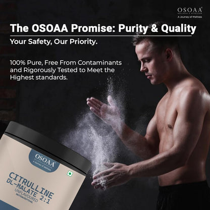 Man holding Osoaa Citrulline powder with product packaging in the foreground, dark background