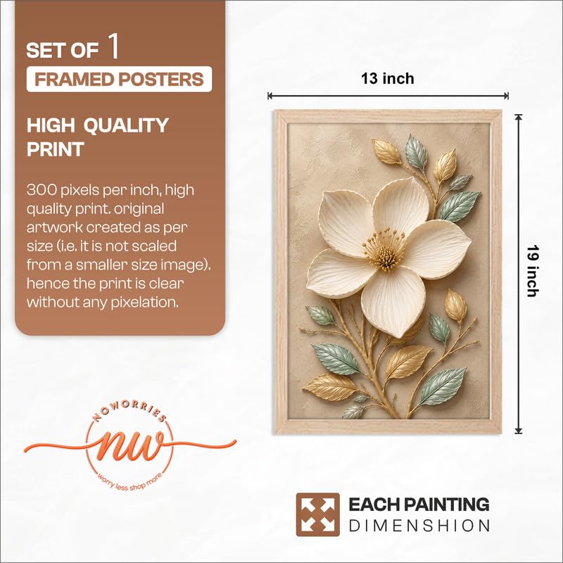 Floral Botanical Wall Painting with Frame | Premium Textured Flower & Leaf Artwork, Pastel Nature Wall Decor Framed for Living Room Bedroom Office and Home Decoration (Art-4,13x19inch)