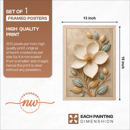 Floral Botanical Wall Painting with Frame | Premium Textured Flower & Leaf Artwork, Pastel Nature Wall Decor Framed for Living Room Bedroom Office and Home Decoration (Art-4,13x19inch)