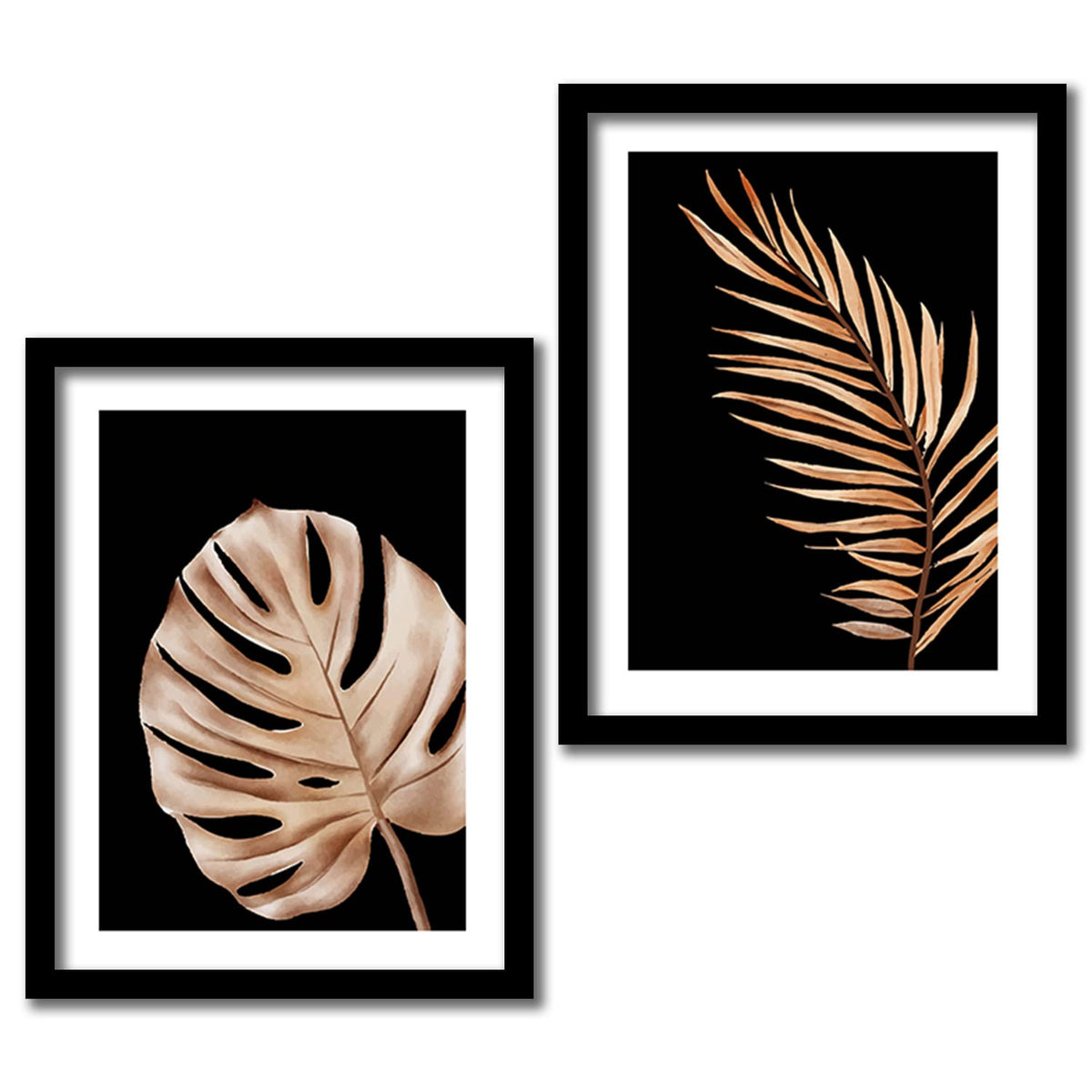 Golden Leaf Wall Decor Paintings for Home Office Living Room - Modern Art Nature Wall Paintings with Frame - Framed Wall Art Paintings Set of 2 (Art 1, 10x13 inch)