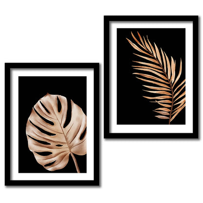 Golden Leaf Wall Decor Paintings for Home Office Living Room - Modern Art Nature Wall Paintings with Frame - Framed Wall Art Paintings Set of 2 (Art 1, 10x13 inch)
