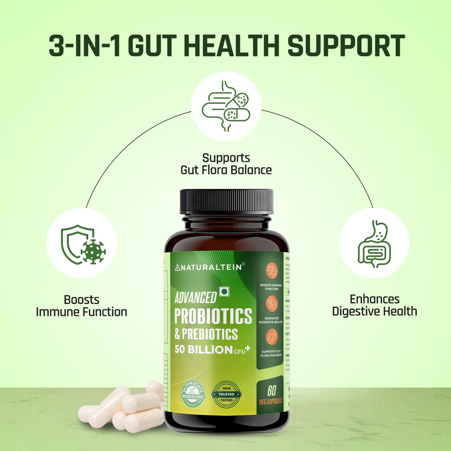 NATURALTEIN Advanced Probiotics & Prebiotics – 50 Billion CFU | 60 Veg Capsules | Supports Gut Flora Balance, Digestion, Immunity & Nutrient Absorption | 9 Strain Probiotic Formula