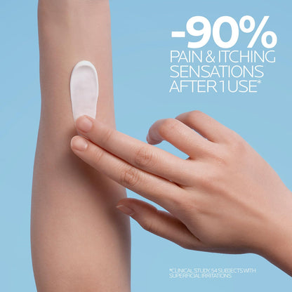 Hand applying a small white tube of cream to a person's arm with text indicating 90% reduction in pain and itching.