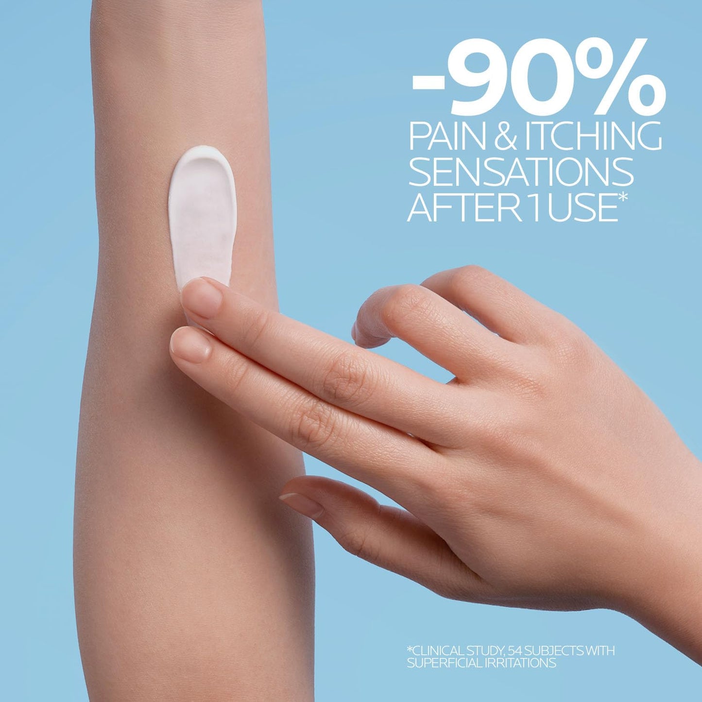 Hand applying a small white tube of cream to a person's arm with text indicating 90% reduction in pain and itching.