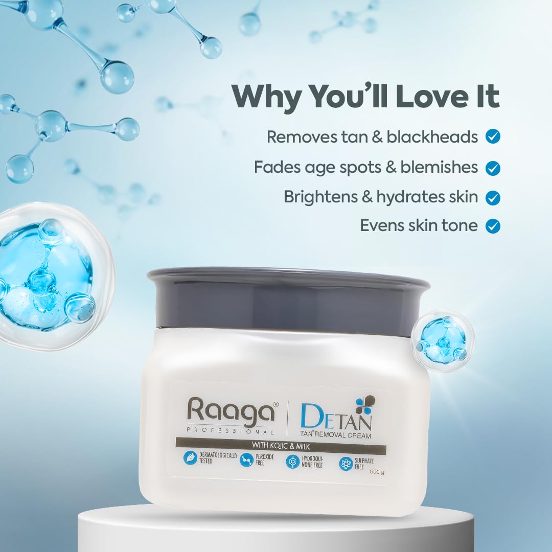 Raaga Detan skin removal cream jar with product benefits on a blue background
