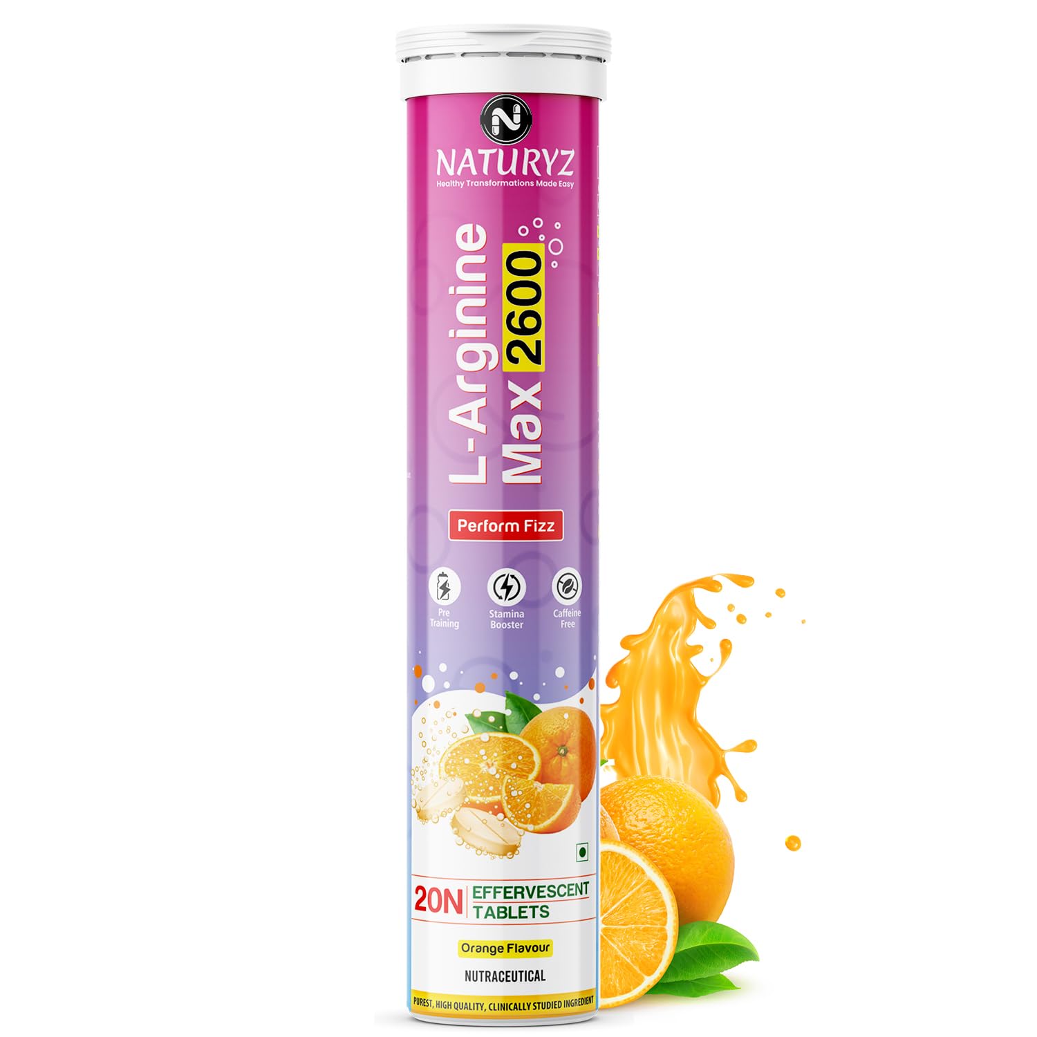 Naturyz L-Arginine Max 2600 supplement tube with orange flavor on a white background