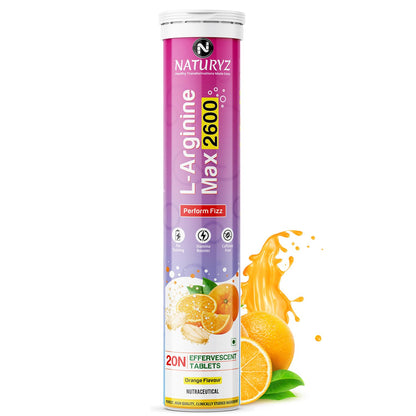 Naturyz L-Arginine Max 2600 supplement tube with orange flavor on a white background