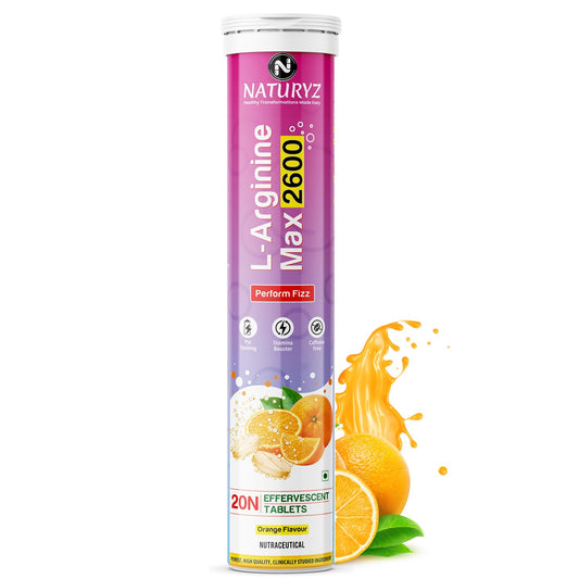 Naturyz L-Arginine Max 2600 supplement tube with orange flavor on a white background